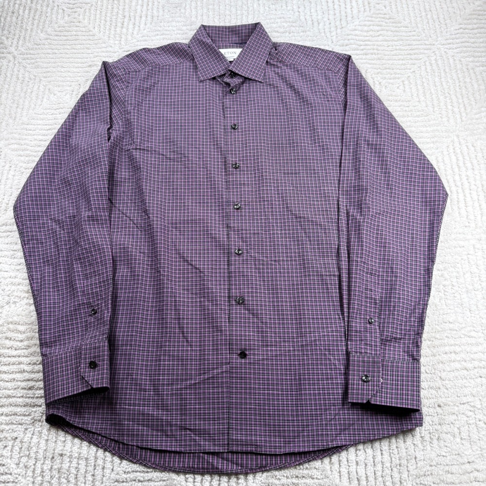 Eton Button Down Mens L 16 Purple Black Contemporary Fit Micro Check Luxury Work